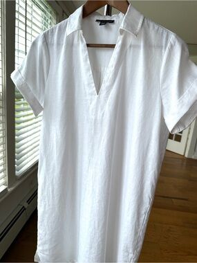 Saks Fifth Avenue White Short Sleeve Shift Dress, Midi Length, Linen
